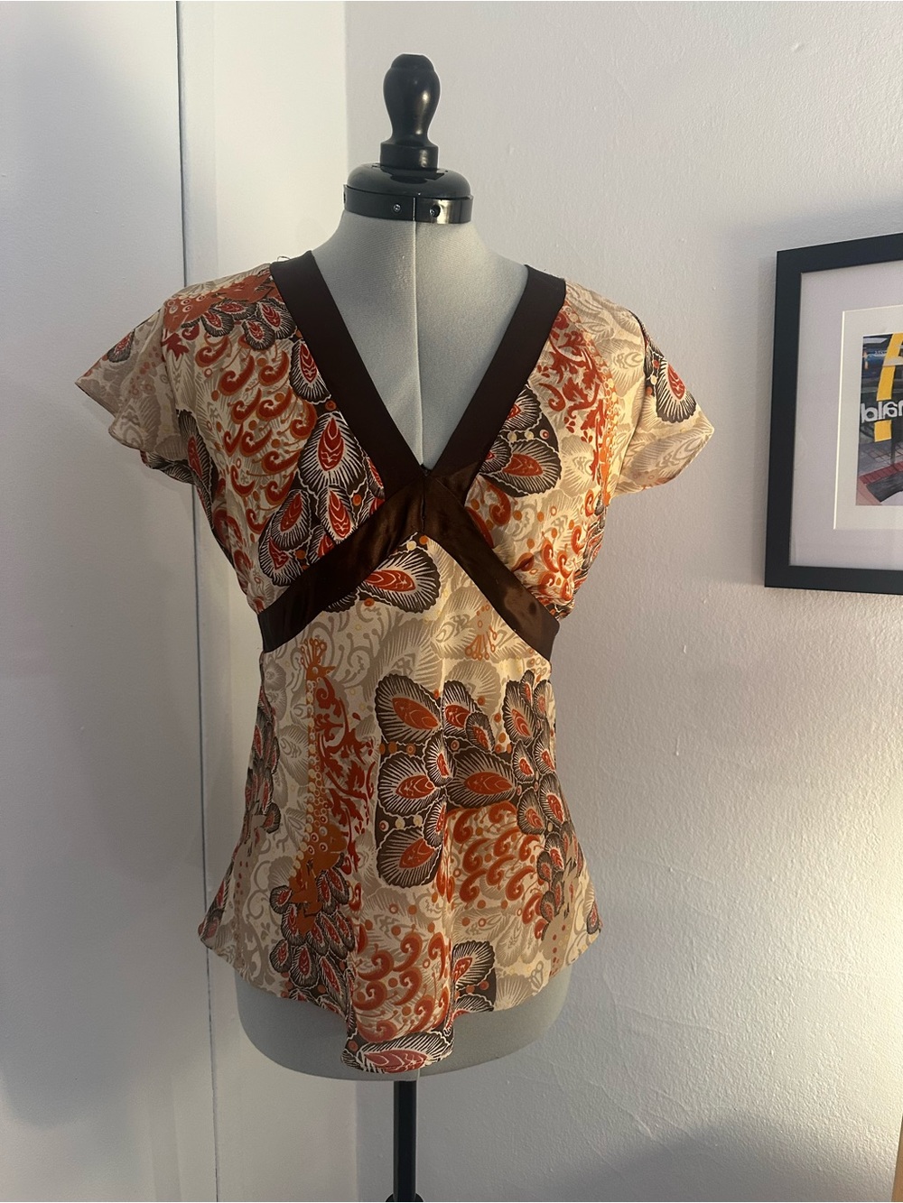 Kimono Blouse with red brown and tan paisley pattern